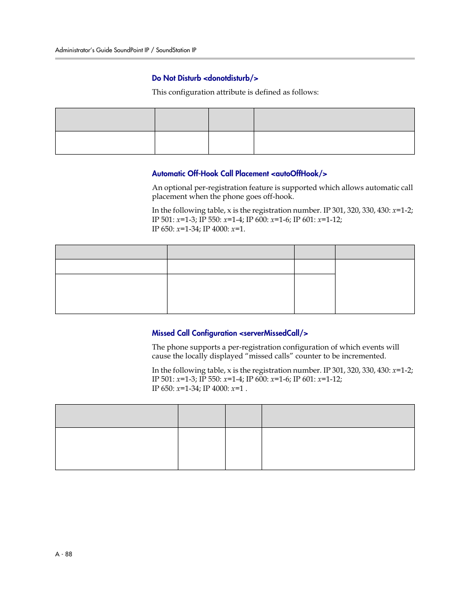 Missed call configuration, Servermissedcall, A-89 | Automatic off-hook call placement, Autooffhook, Do not disturb <donotdisturb, Automatic off-hook call placement <autooffhook, Missed call configuration <servermissedcall | Polycom SIP 2.2.2 User Manual | Page 200 / 256