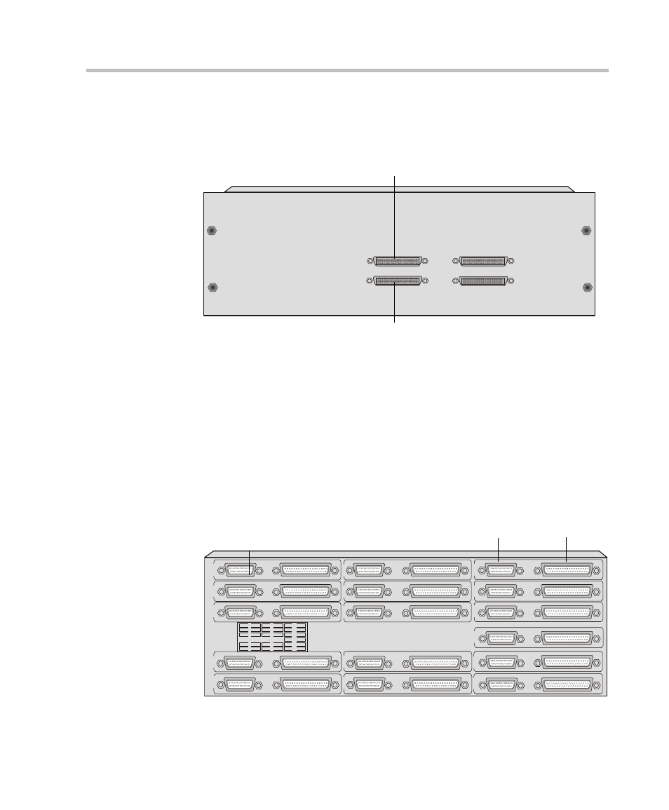 Figure 4-21: mpi box front panel, Figure 4-22: mpi box rear panel, Pin connector converts data from four ports | Mgc hardware and installation manual | Polycom DOC2237A User Manual | Page 113 / 170