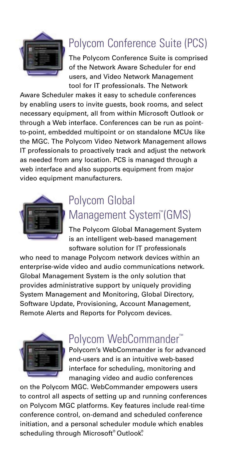 Polycom conference suite (pcs), Polycom global management system (gms), Polycom webcommander | Polycom MGC-100 User Manual | Page 7 / 8