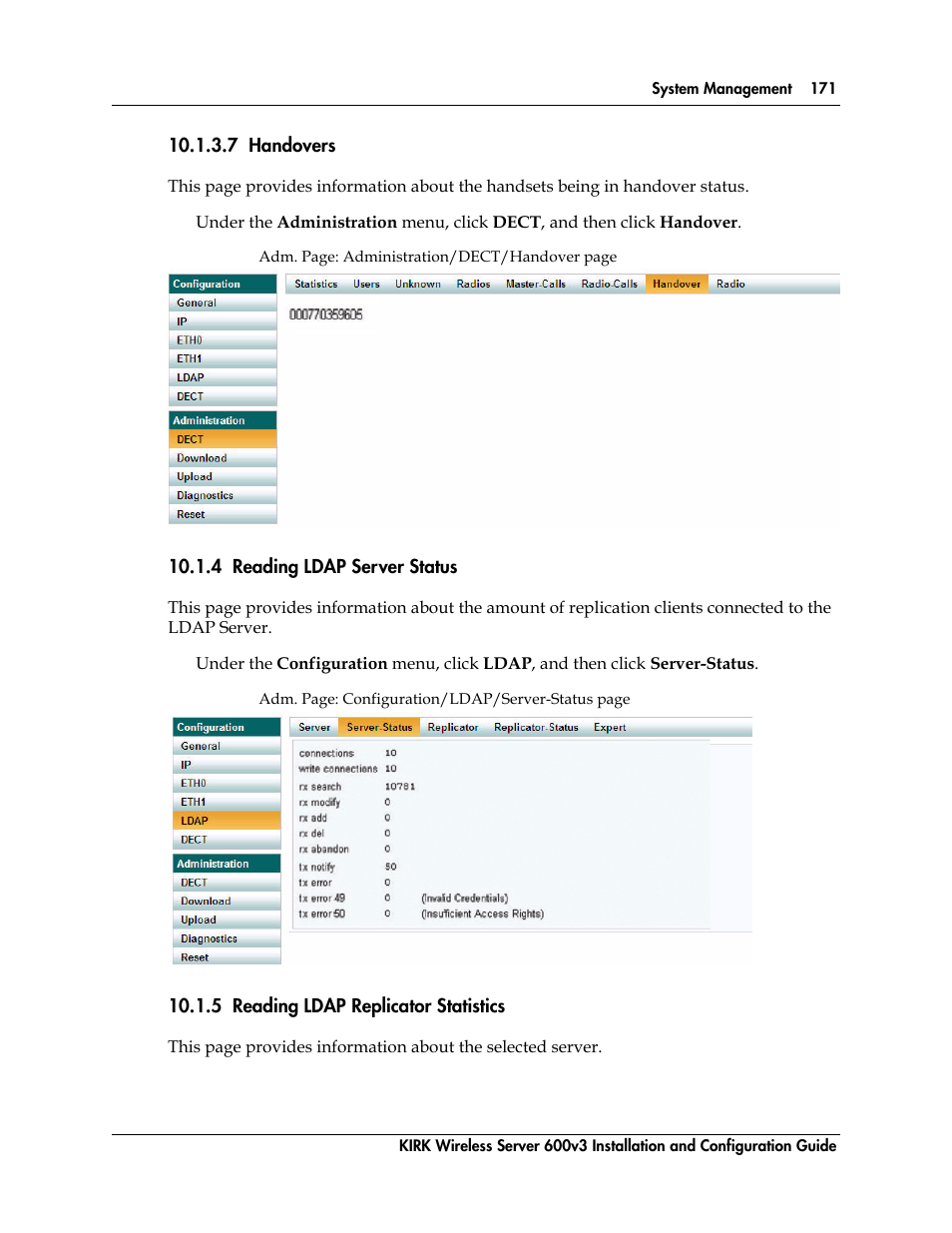 4 reading ldap server status, 5 reading ldap replicator statistics, Figure 104 | Figure 105 | Polycom KIRK 14117800 User Manual | Page 171 / 220