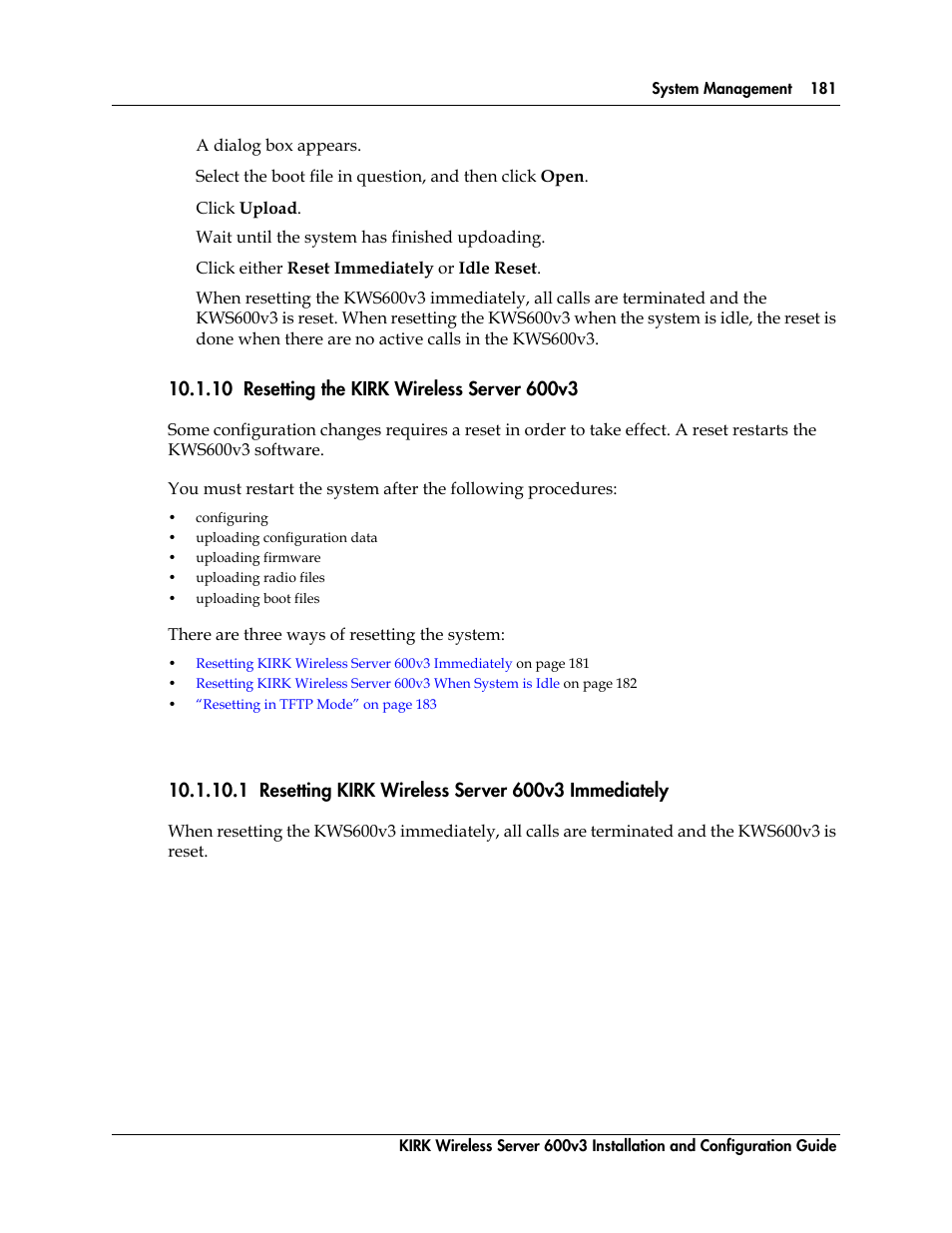 10 resetting the kirk wireless server 600v3 | Polycom KIRK 14117800 User Manual | Page 181 / 220