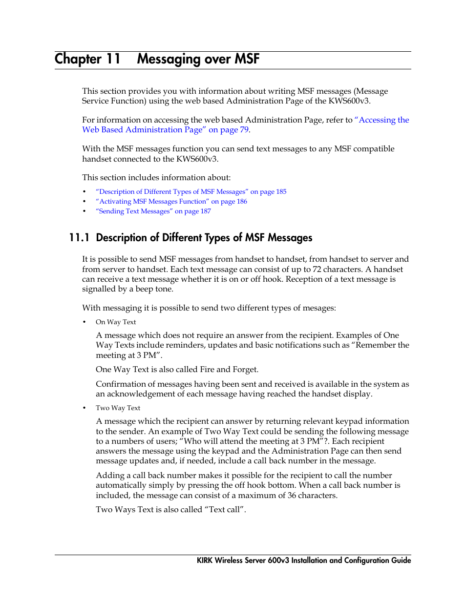 Chapter 11 messaging over msf, 1 description of different types of msf messages, Messaging over msf | Polycom KIRK 14117800 User Manual | Page 185 / 220