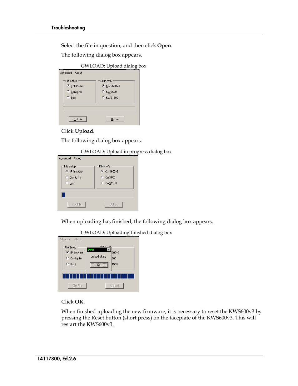 Figure 123, Gwload: upload dialog box, Figure 124 | Gwload: upload in progress dialog box, Figure 125, Gwload: uploading finished dialog box | Polycom KIRK 14117800 User Manual | Page 204 / 220