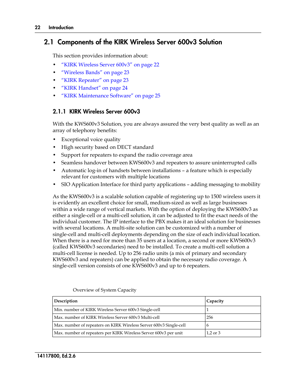 1 kirk wireless server 600v3, Table 1, Overview of system capacity | Polycom KIRK 14117800 User Manual | Page 22 / 220