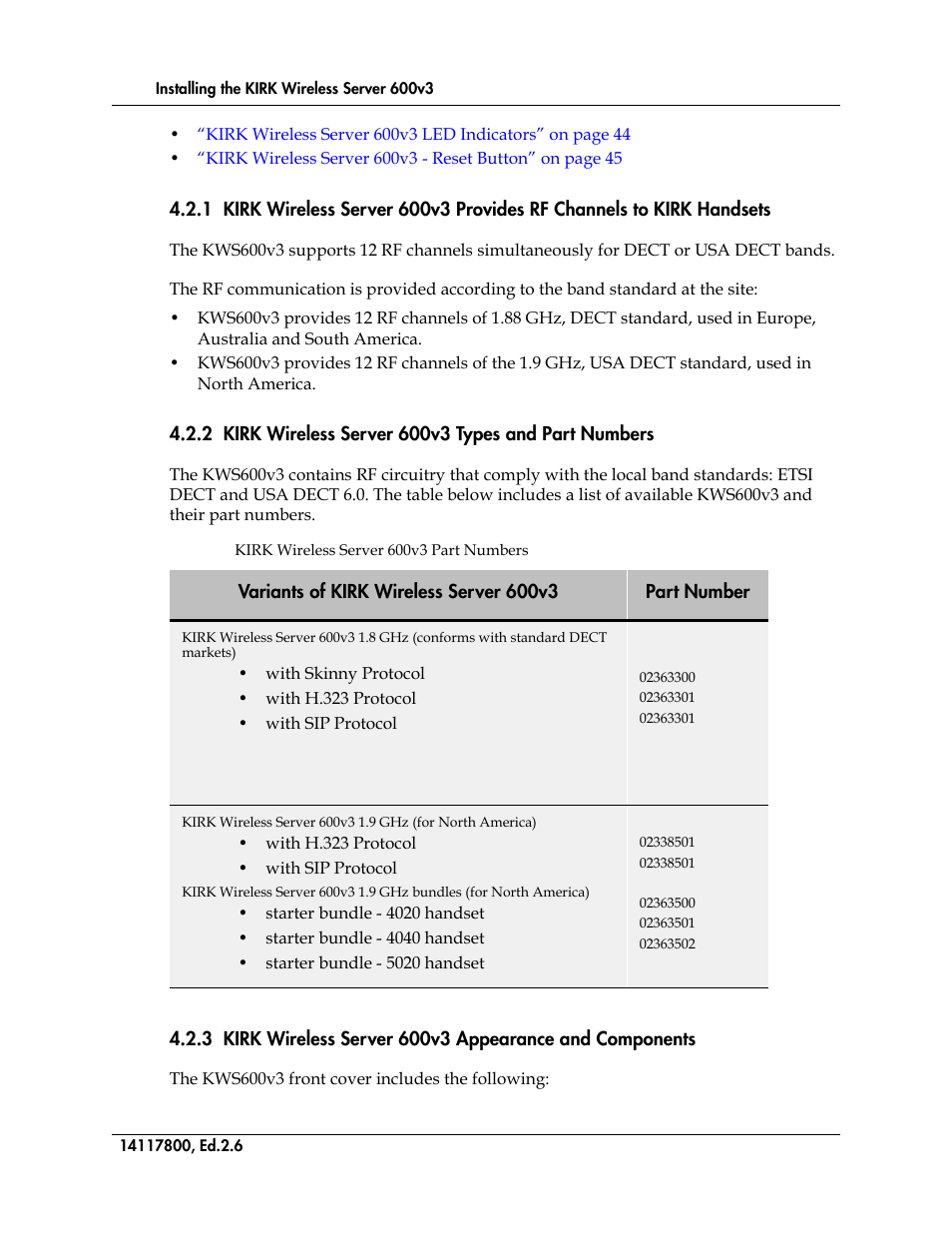 Table 1, Kirk wireless server 600v3 part numbers | Polycom KIRK 14117800 User Manual | Page 42 / 220