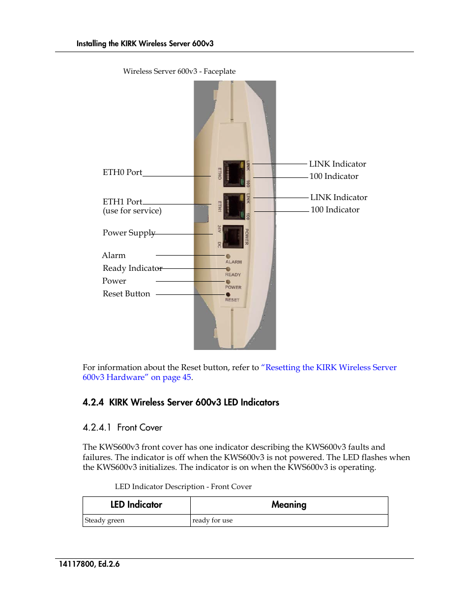 4 kirk wireless server 600v3 led indicators, Figure 10, Wireless server 600v3 - faceplate | Table 2, Led indicator description - front cover | Polycom KIRK 14117800 User Manual | Page 44 / 220