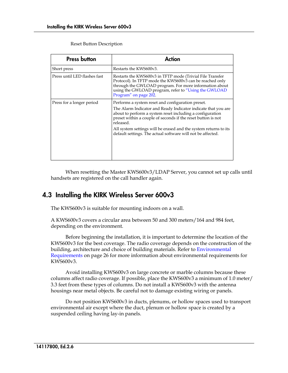 3 installing the kirk wireless server 600v3, Table 3, Reset button description | Polycom KIRK 14117800 User Manual | Page 46 / 220