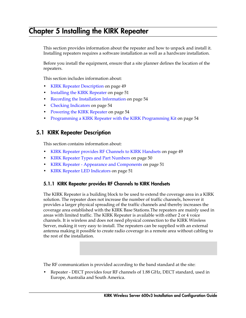 Chapter 5 installing the kirk repeater, 1 kirk repeater description, Installing the kirk repeater | Polycom KIRK 14117800 User Manual | Page 49 / 220