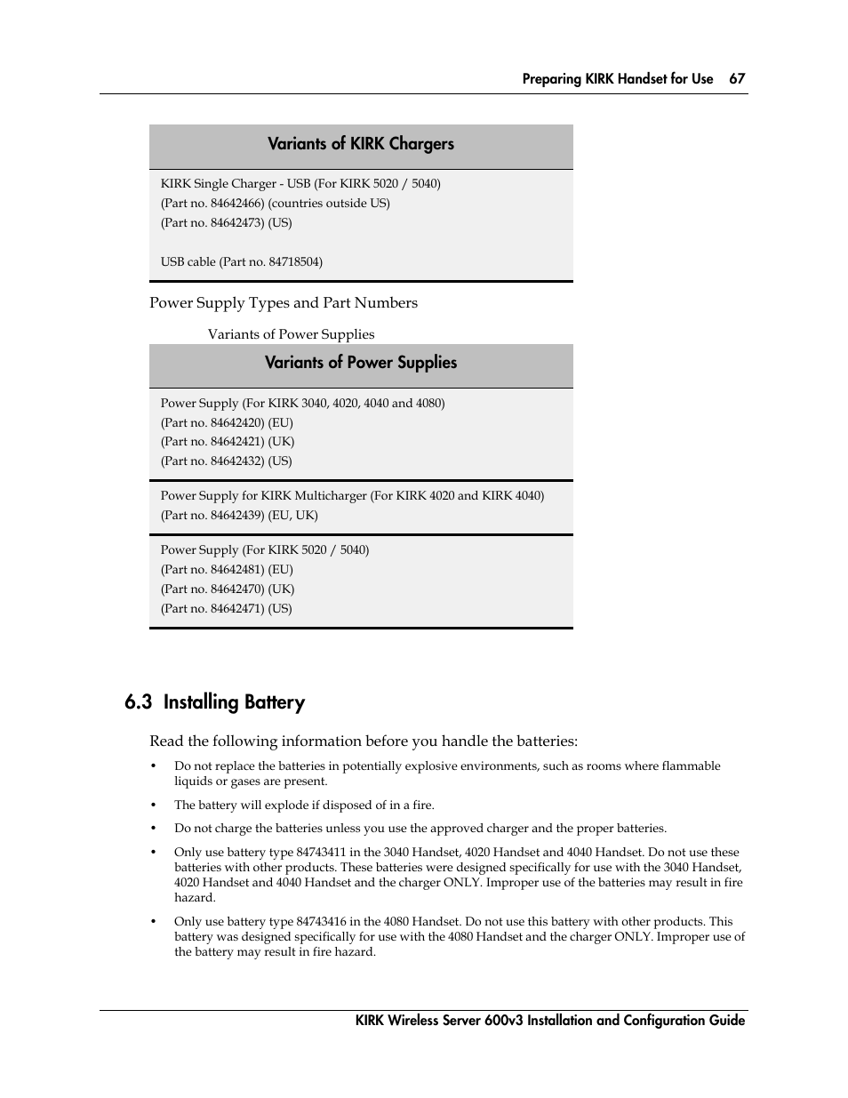 3 installing battery, Table 3, Variants of power supplies | Polycom KIRK 14117800 User Manual | Page 67 / 220