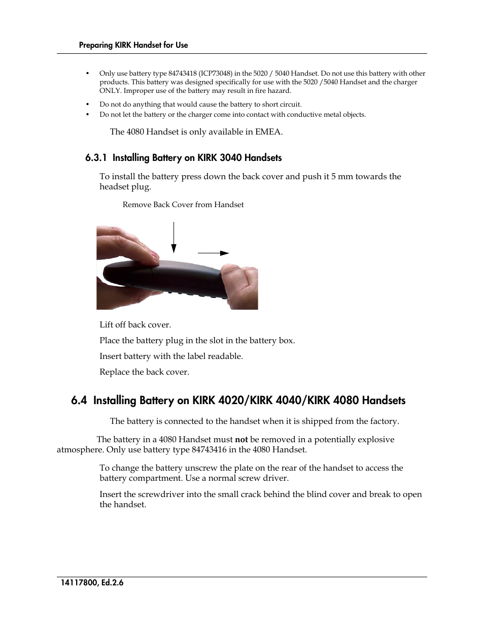 1 installing battery on kirk 3040 handsets, Figure 1, Remove back cover from handset | Polycom KIRK 14117800 User Manual | Page 68 / 220