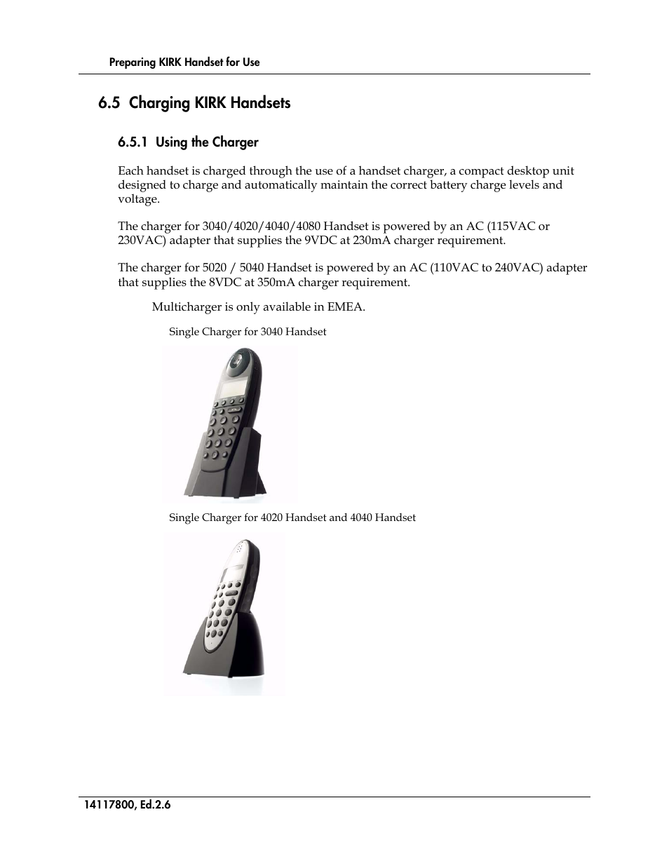 5 charging kirk handsets, 1 using the charger, Figure 4 | Single charger for 3040 handset, Figure 5, Single charger for 4020 handset and 4040 handset, Charging kirk handsets | Polycom KIRK 14117800 User Manual | Page 70 / 220