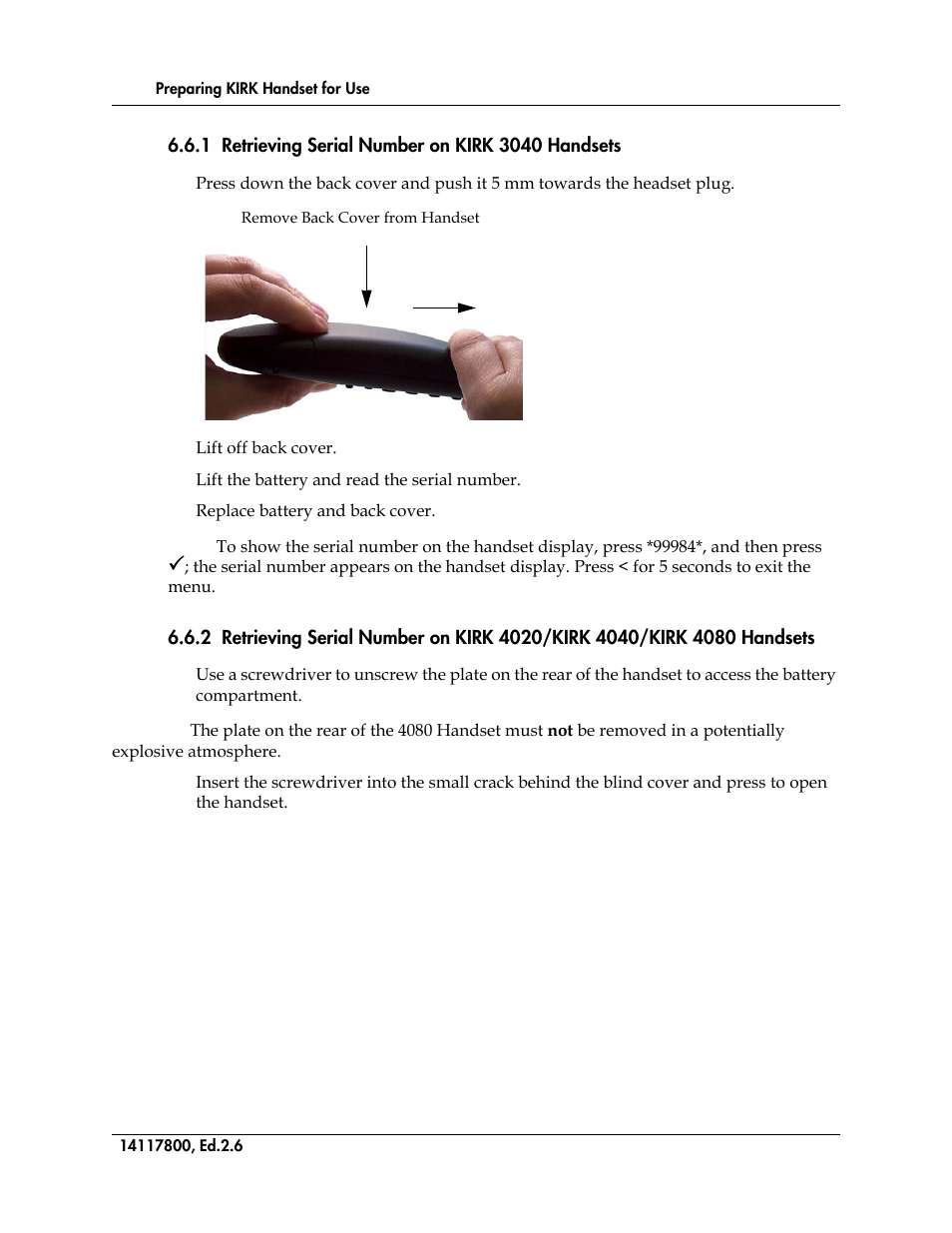 1 retrieving serial number on kirk 3040 handsets, Figure 9, Remove back cover from handset | Polycom KIRK 14117800 User Manual | Page 74 / 220