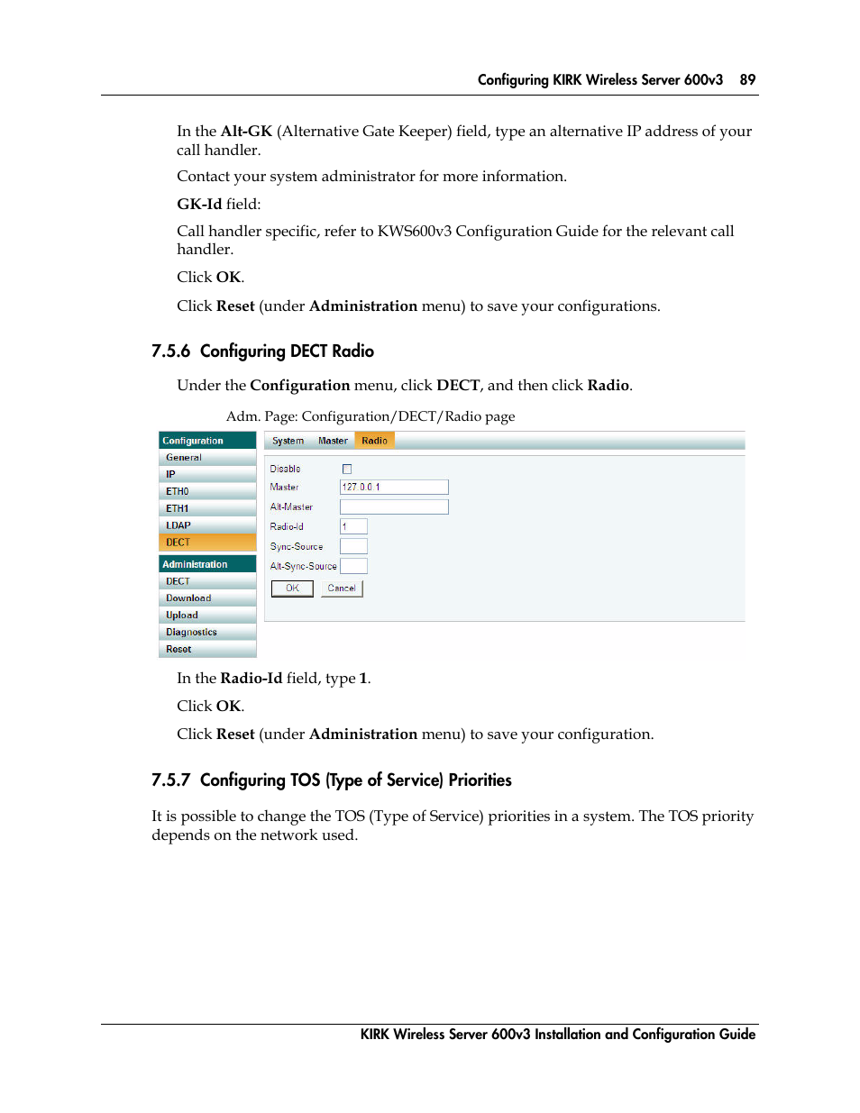 6 configuring dect radio, 7 configuring tos (type of service) priorities, Figure 24 | Polycom KIRK 14117800 User Manual | Page 89 / 220