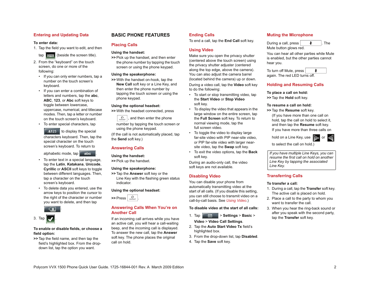 Entering and updating data, Basic phone features, Placing calls | Answering calls, Answering calls when you’re on another call, Ending calls, Using video, Disabling video, Muting the microphone, Holding and resuming calls | Polycom 1500 User Manual | Page 2 / 4