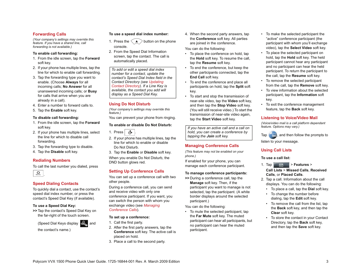 Forwarding calls, Redialing numbers, Speed dialing contacts | Using do not disturb, Setting up conference calls, Managing conference calls, Listening to voice/video mail, Using call lists | Polycom 1500 User Manual | Page 3 / 4