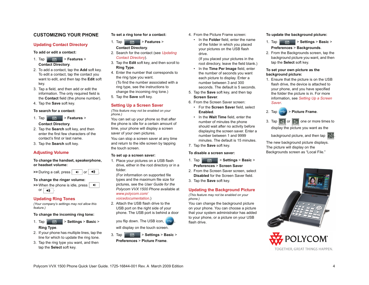 Customizing your phone, Updating contact directory, Adjusting volume | Updating ring tones, Setting up a screen saver, Updating the background picture, Updating, Contact directory | Polycom 1500 User Manual | Page 4 / 4