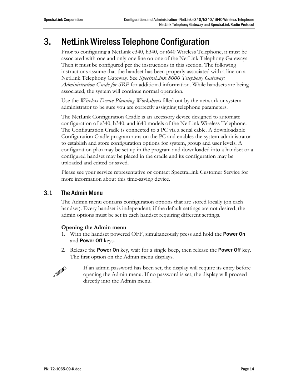 Netlink wireless telephone configuration, 1 the admin menu | Polycom SpectraLink NetLink 72-1065-09 User Manual | Page 14 / 47