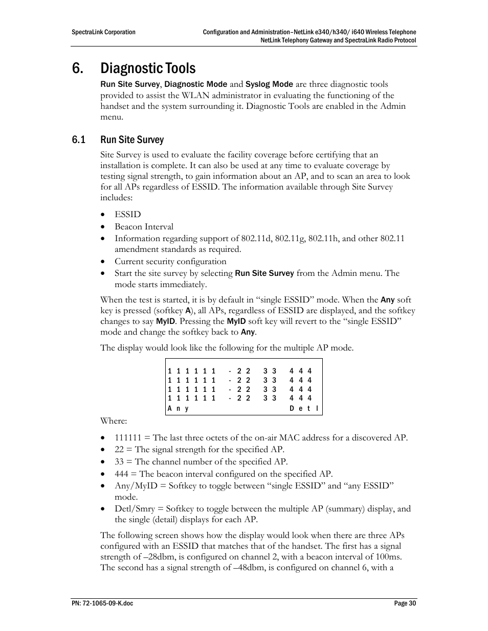 Diagnostic tools, 1 run site survey | Polycom SpectraLink NetLink 72-1065-09 User Manual | Page 30 / 47