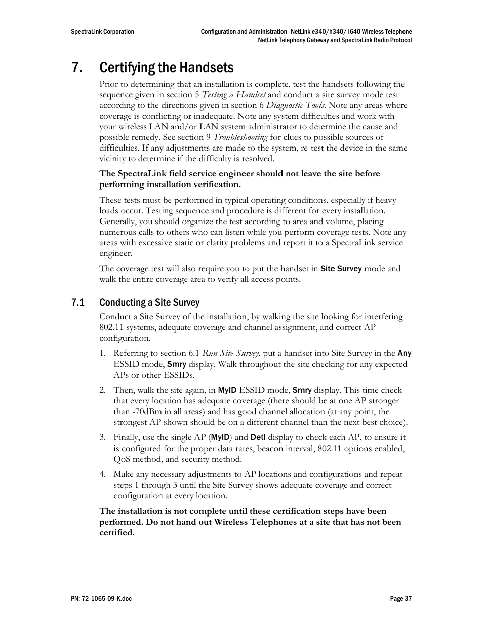 Certifying the handsets, 1 conducting a site survey | Polycom SpectraLink NetLink 72-1065-09 User Manual | Page 37 / 47