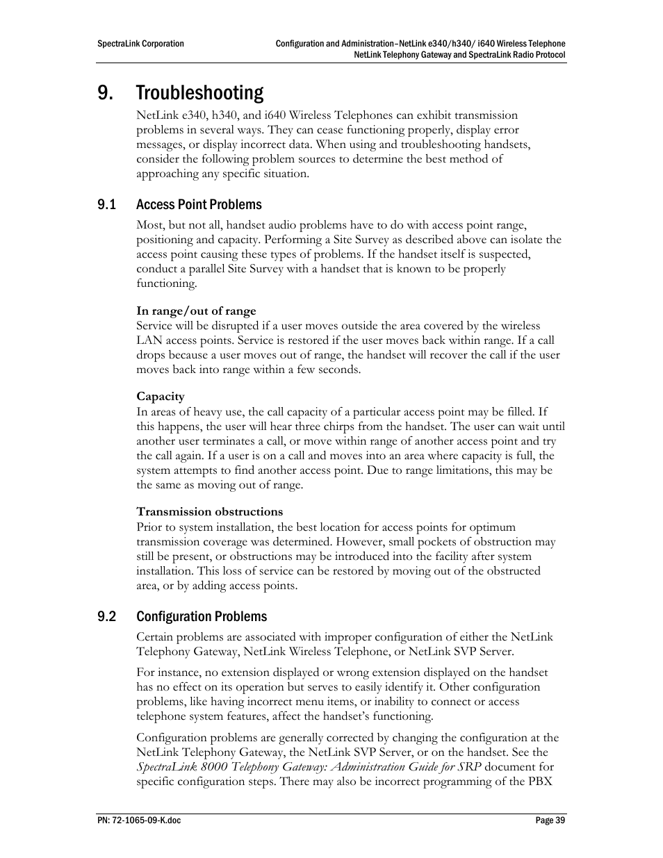 Troubleshooting, 1 access point problems, 2 configuration problems | Polycom SpectraLink NetLink 72-1065-09 User Manual | Page 39 / 47