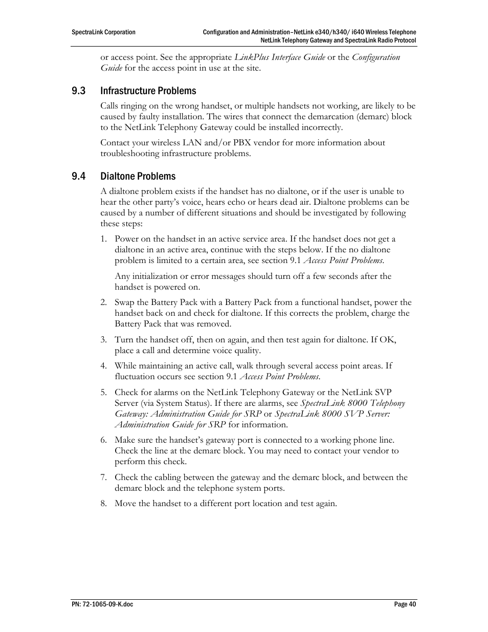 3 infrastructure problems, 4 dialtone problems | Polycom SpectraLink NetLink 72-1065-09 User Manual | Page 40 / 47