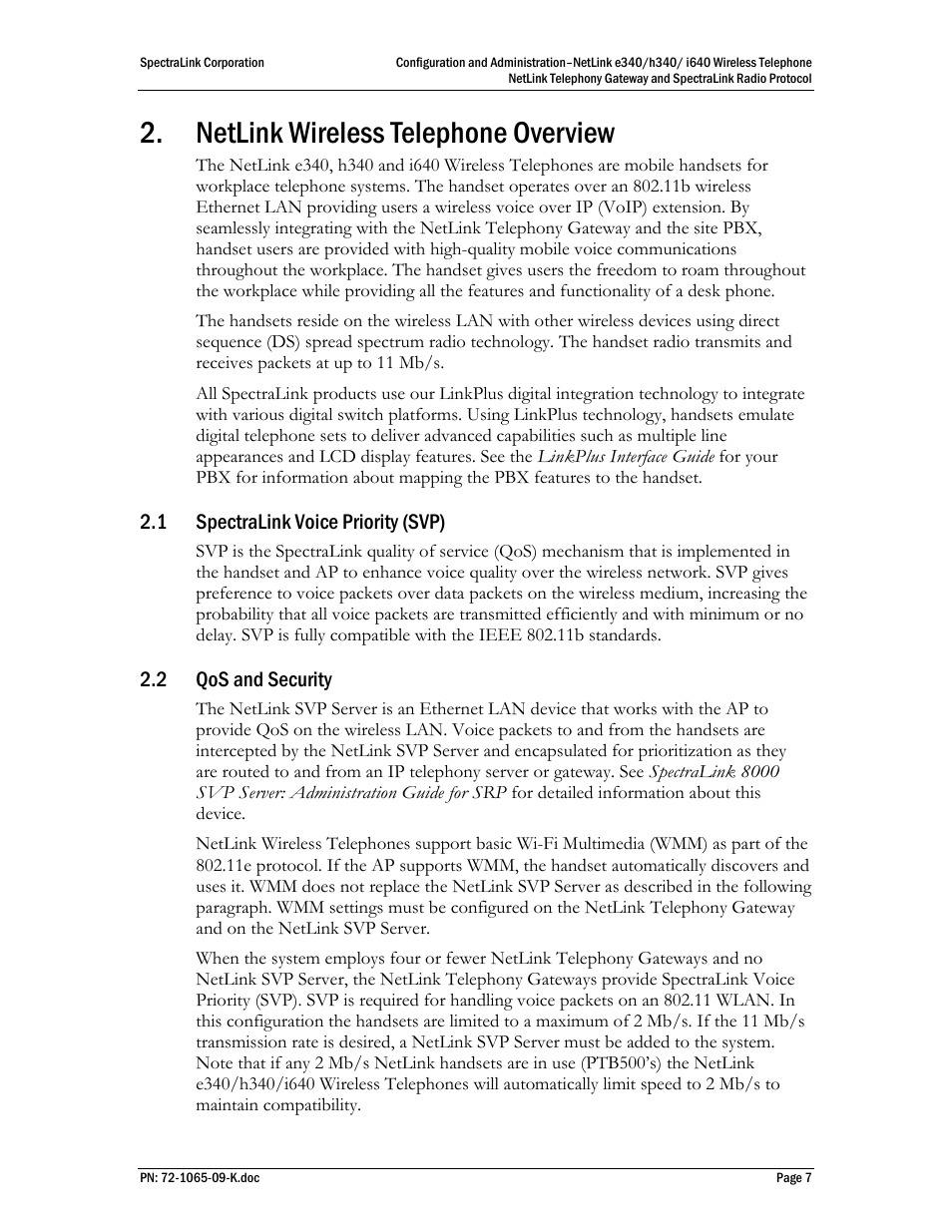 Netlink wireless telephone overview, 1 spectralink voice priority (svp), 2 qos and security | Polycom SpectraLink NetLink 72-1065-09 User Manual | Page 7 / 47