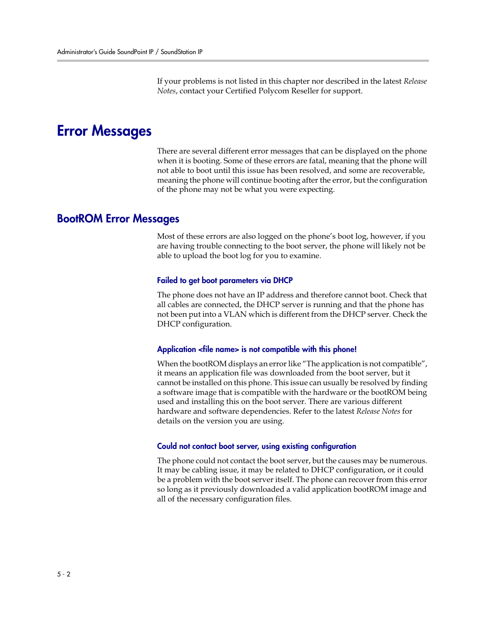 Error messages, Bootrom error messages, Error messages –2 | Bootrom error messages –2 | Polycom SOUNDPOINT SIP 3.1 User Manual | Page 140 / 337