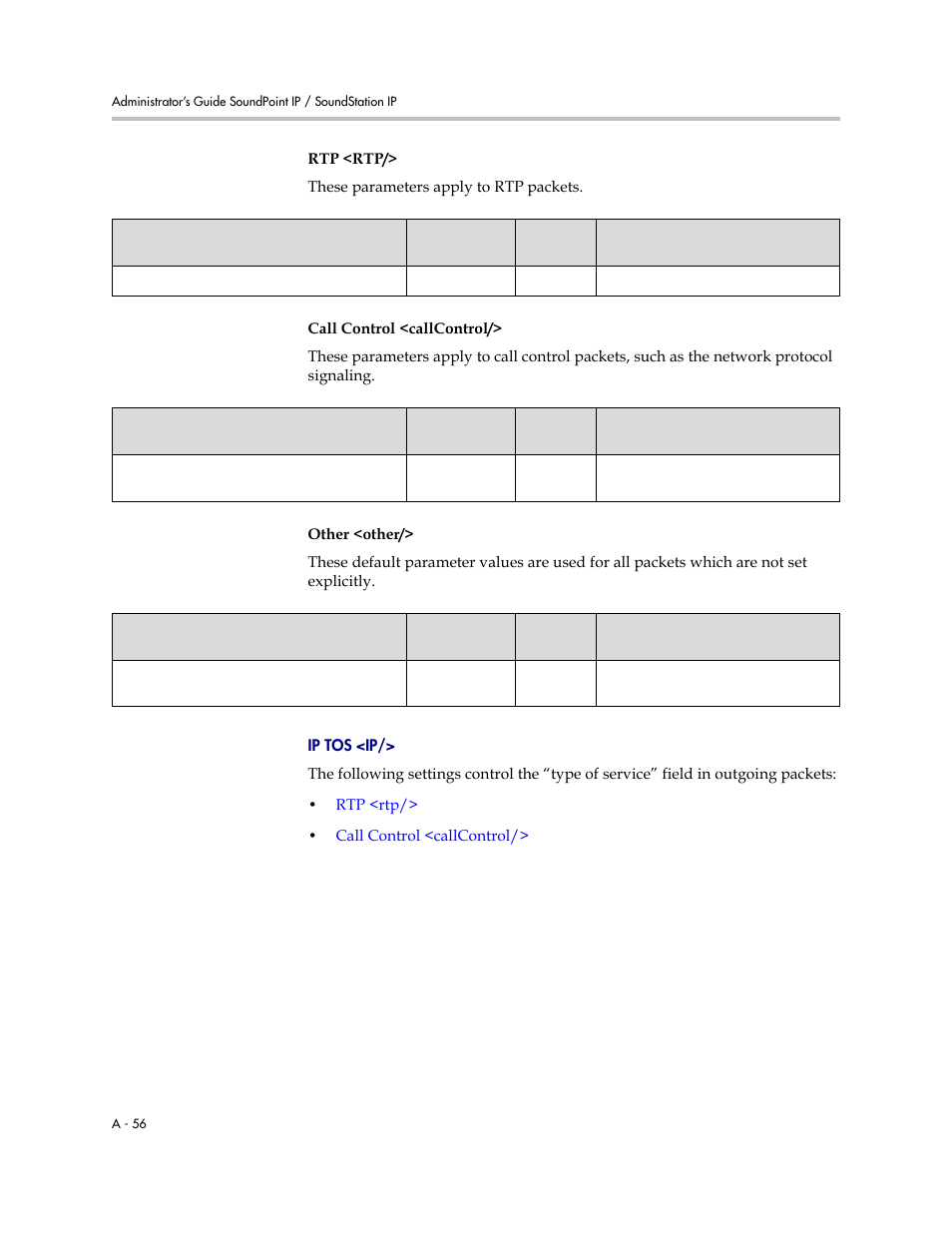 Ip tos <ip, A-56, Rtp <rtp | Call control <callcontrol | Polycom SOUNDPOINT SIP 3.1 User Manual | Page 210 / 337