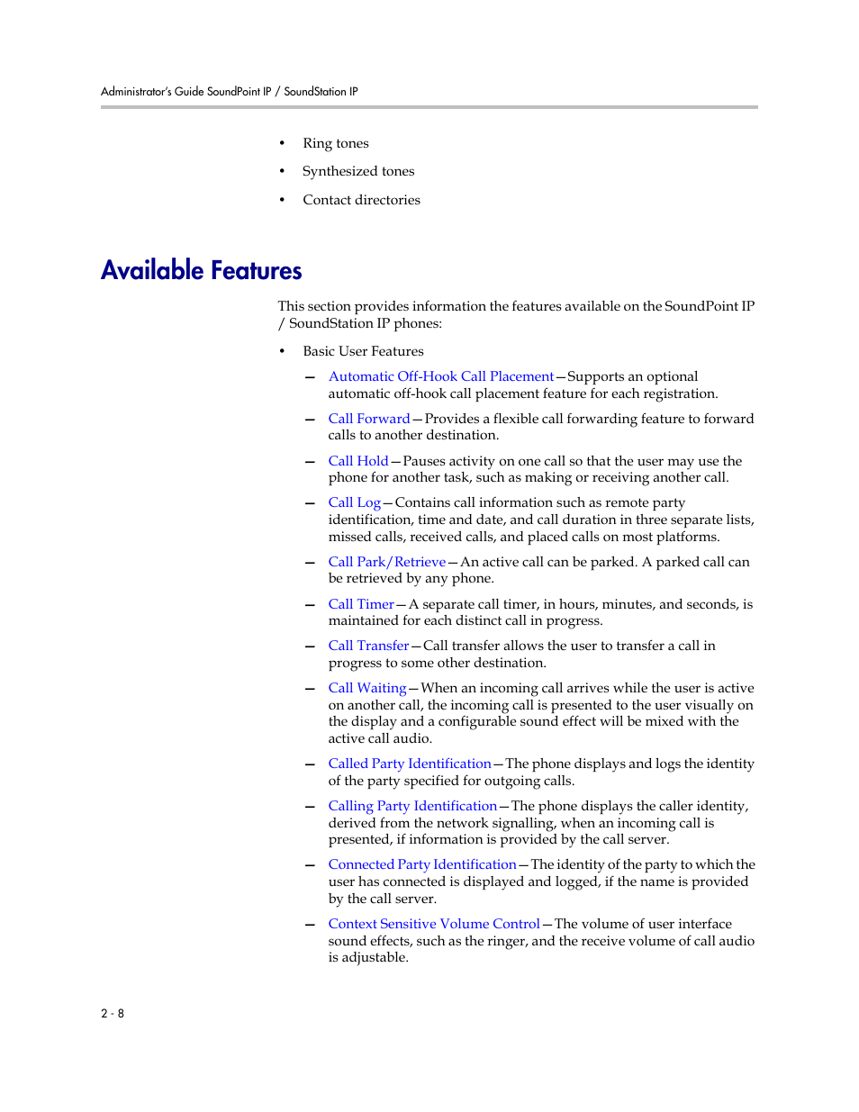 Available features, Available features –8 | Polycom SOUNDPOINT SIP 3.1 User Manual | Page 26 / 337