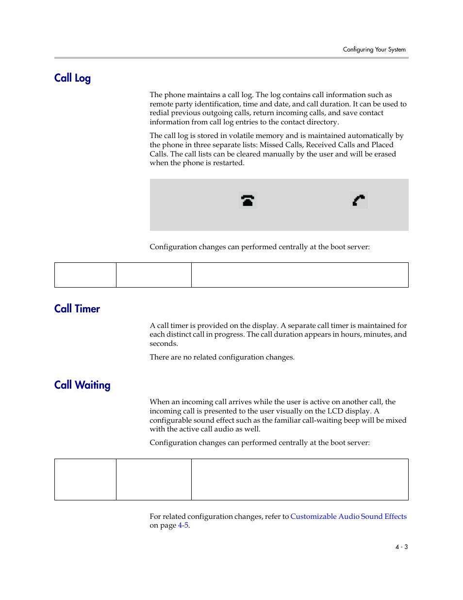 Call log, Call timer, Call waiting | Call log –3, Call timer –3 call waiting –3 | Polycom SOUNDPOINT SIP 3.1 User Manual | Page 57 / 337