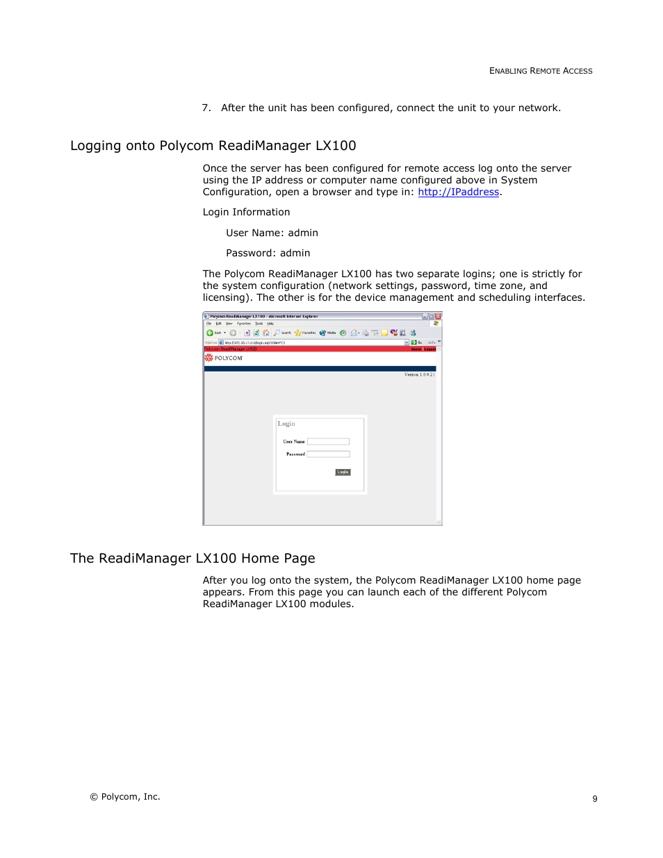 Logging onto polycom readimanager lx100, The readimanager lx100 home page | Polycom READIMANAGER LX100 User Manual | Page 11 / 20