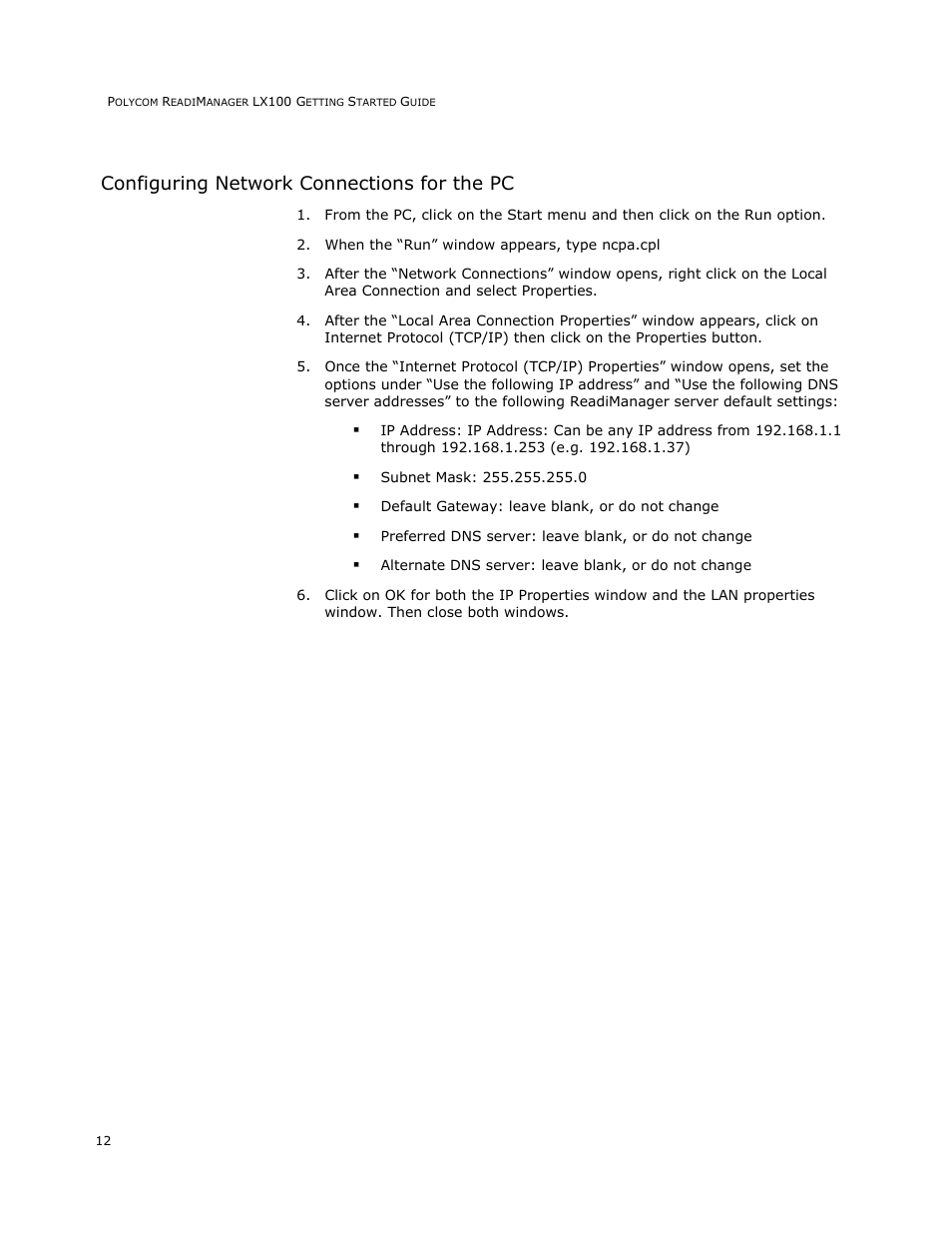 Configuring network connections for the pc | Polycom READIMANAGER LX100 User Manual | Page 14 / 20