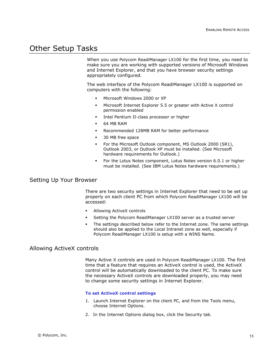 Setting up your browser, Allowing activex controls, Other setup tasks | Polycom READIMANAGER LX100 User Manual | Page 15 / 20