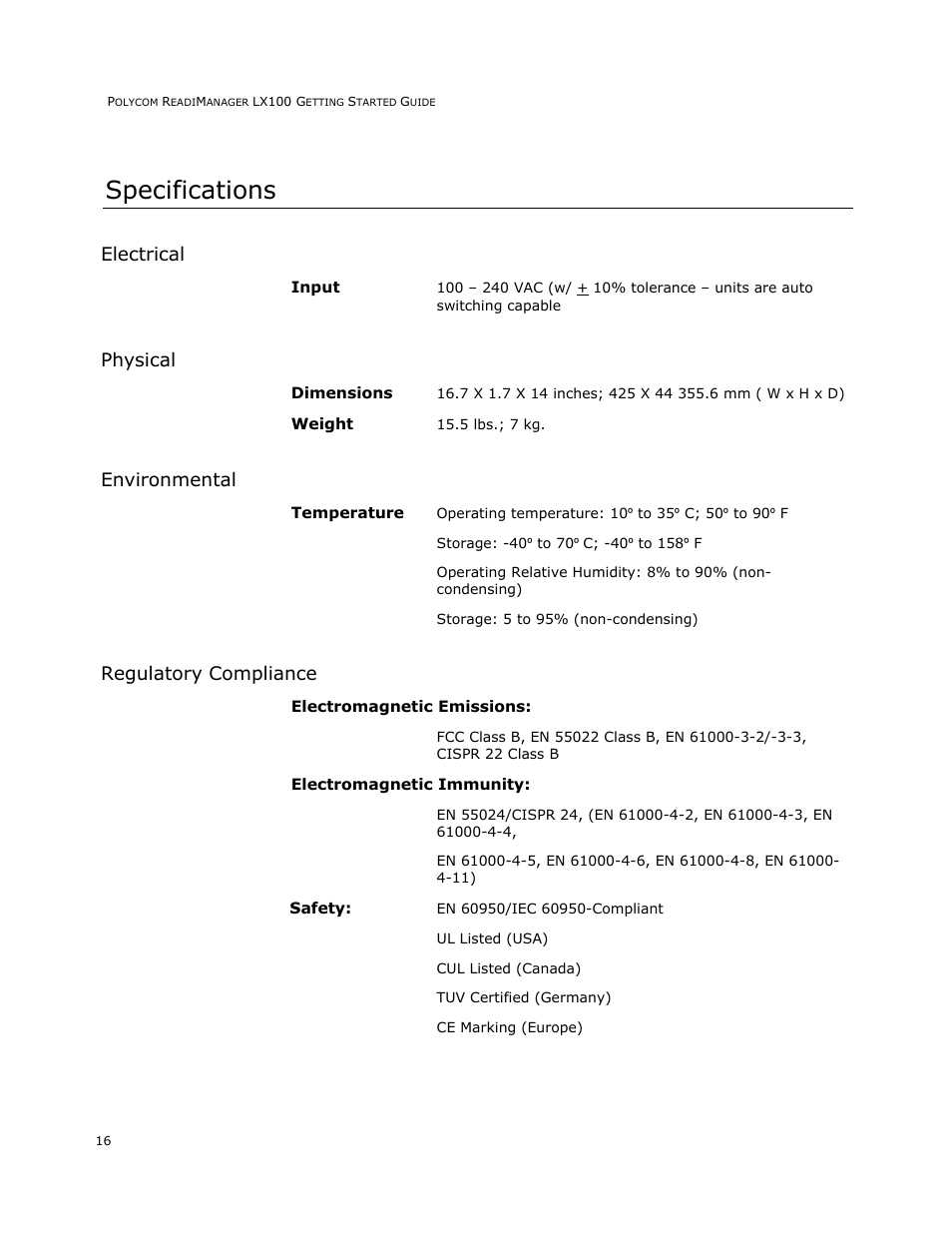 Specifications, Electrical, Physical | Environmental, Regulatory compliance | Polycom READIMANAGER LX100 User Manual | Page 18 / 20