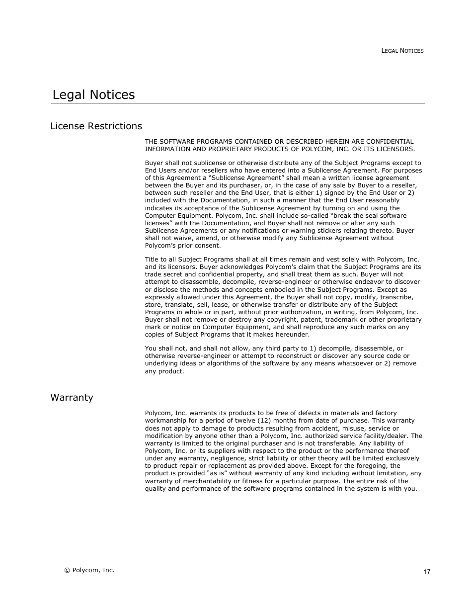 Legal notices, License restrictions, Warranty | Polycom READIMANAGER LX100 User Manual | Page 19 / 20