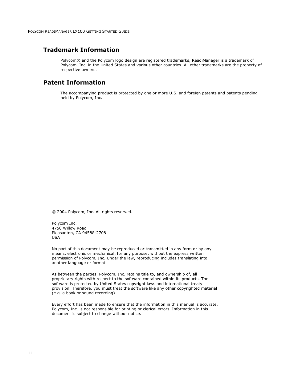 Trademark information, Patent information | Polycom READIMANAGER LX100 User Manual | Page 2 / 20