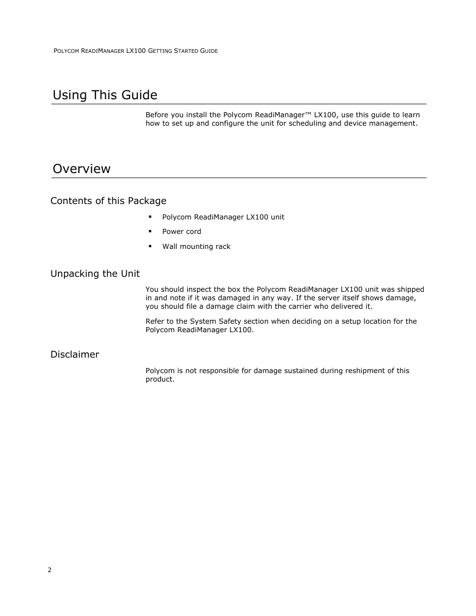 Using this guide, Overview, Contents of this package | Unpacking the unit, Disclaimer, System safety | Polycom READIMANAGER LX100 User Manual | Page 4 / 20