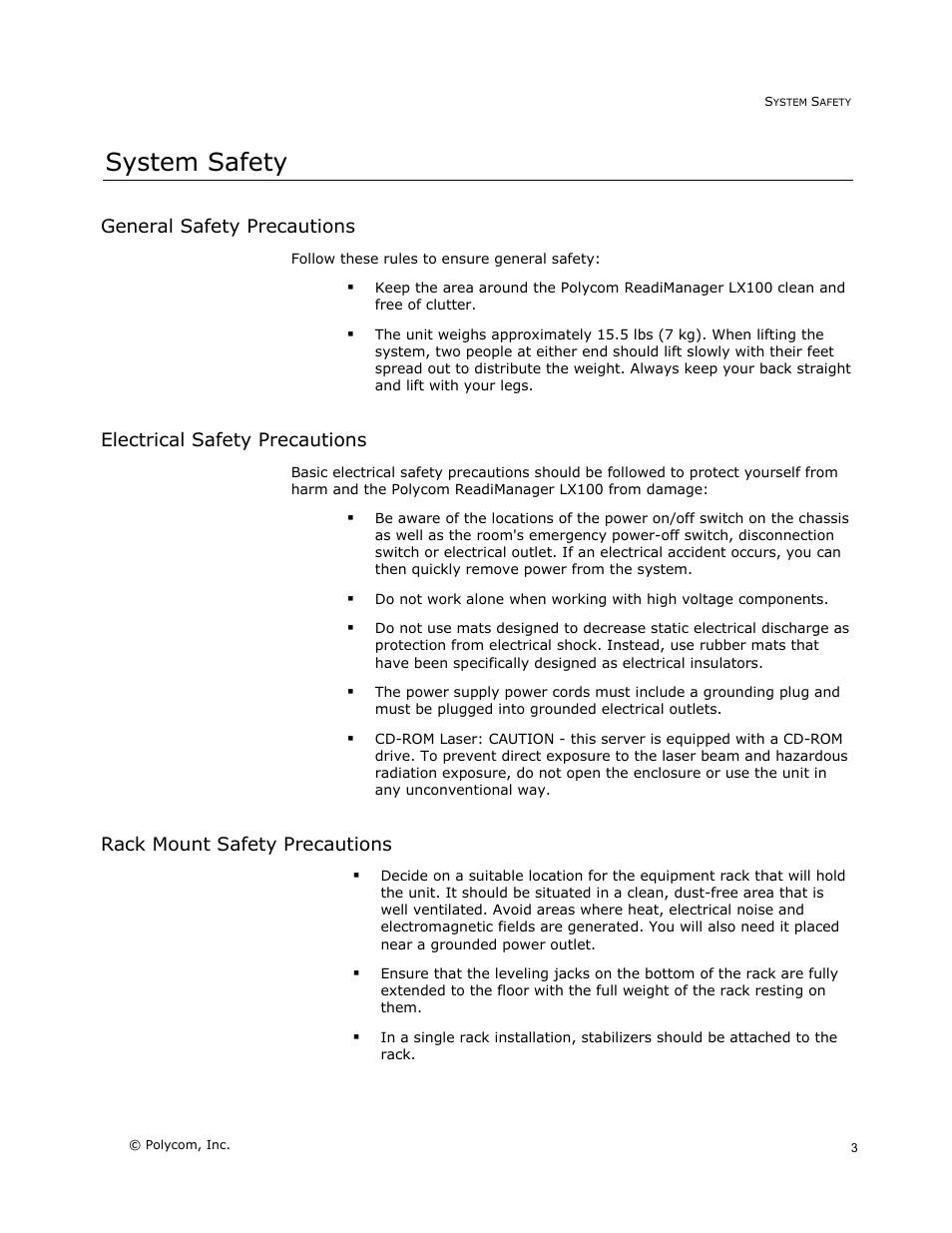 General safety precautions, Electrical safety precautions, Rack mount safety precautions | System safety | Polycom READIMANAGER LX100 User Manual | Page 5 / 20