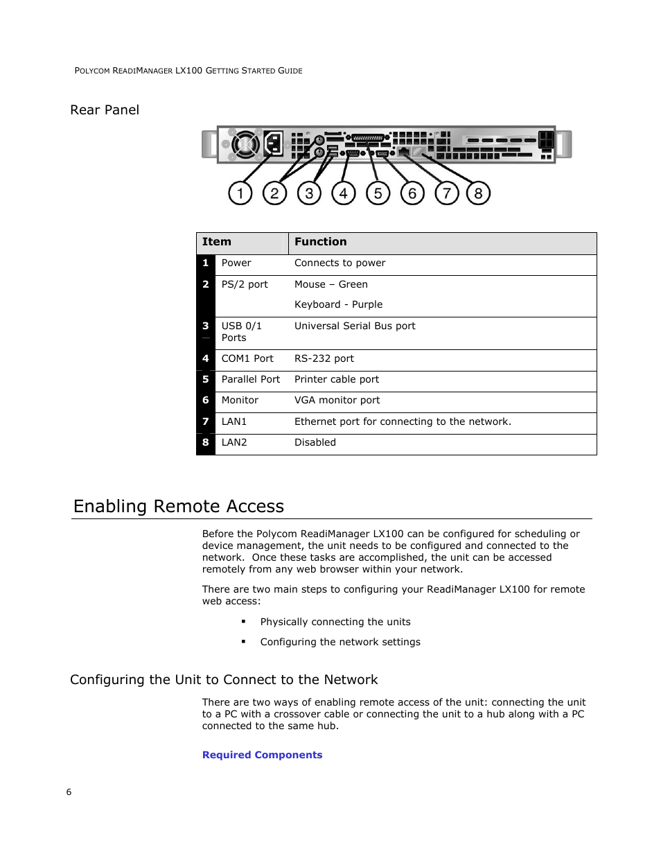 Rear panel, Enabling remote access, Configuring the unit to connect to the network | Polycom READIMANAGER LX100 User Manual | Page 8 / 20