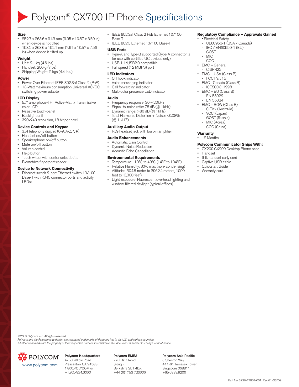 Polycom, Cx700 ip phone specifications | Polycom 3726-17861-001 User Manual | Page 2 / 2