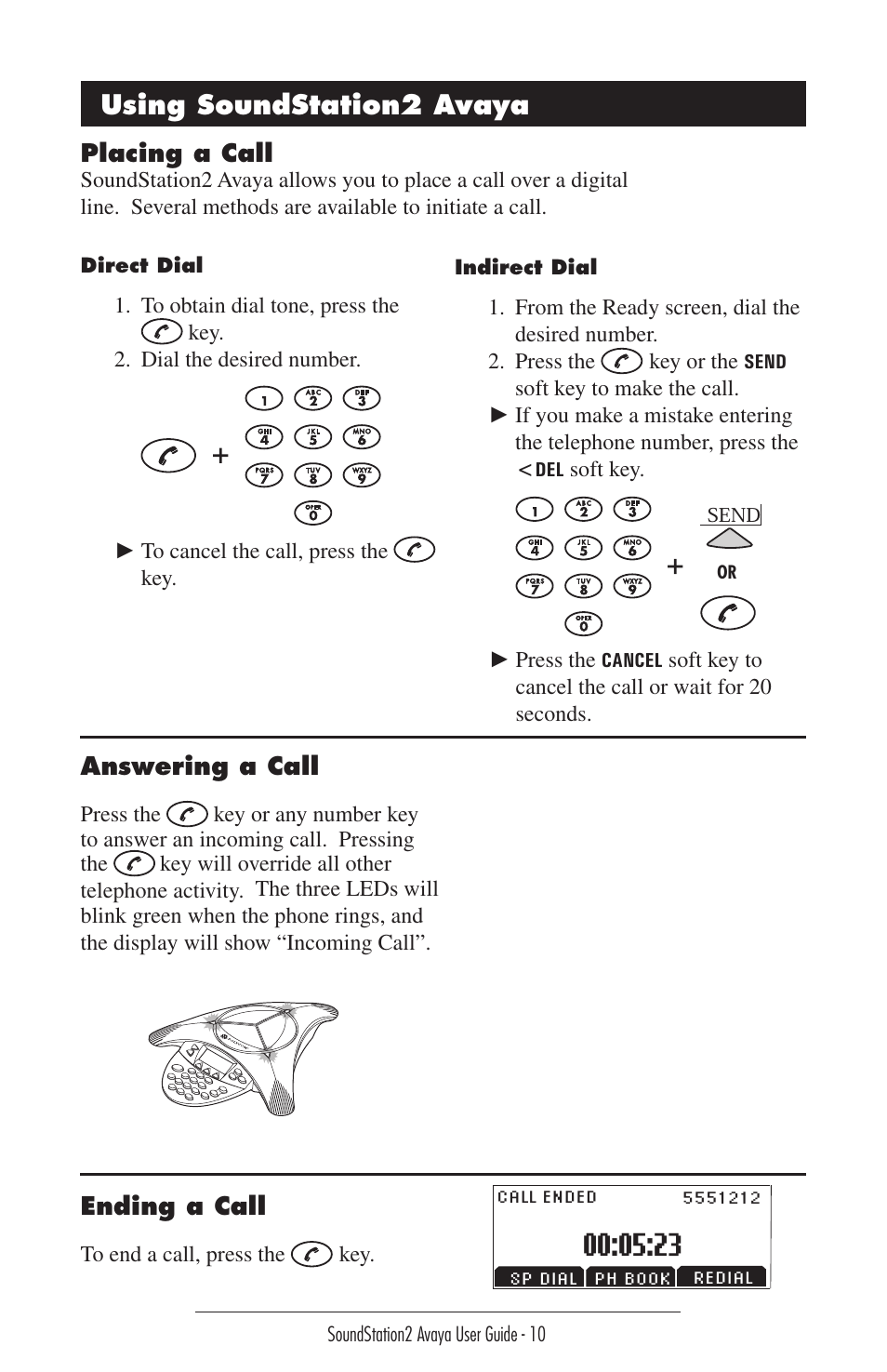 Using soundstation2 avaya, Answering a call, Ending a call | Placing a call | Polycom 2490 User Manual | Page 10 / 36