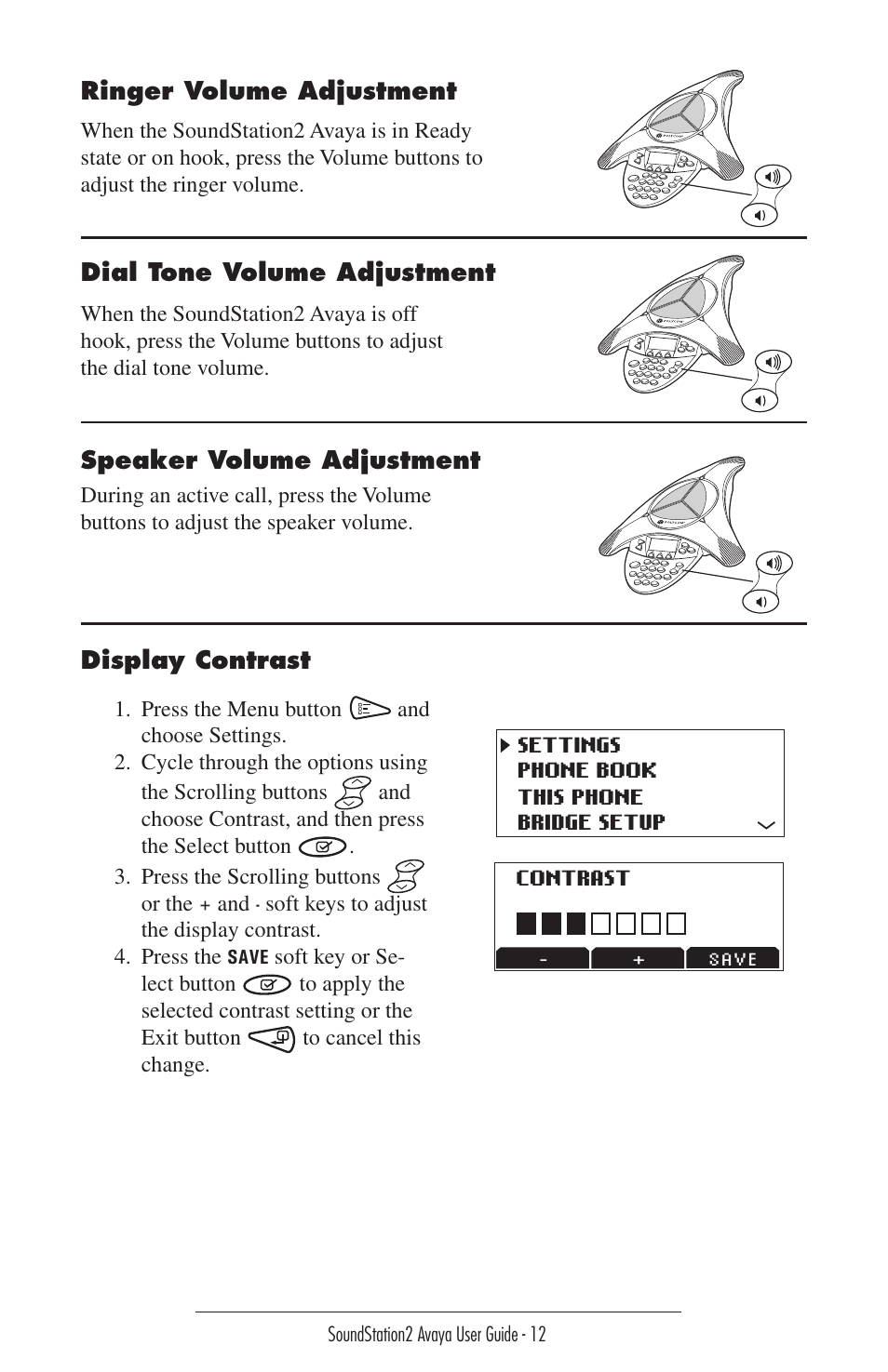 Ringer volume adjustment, Dial tone volume adjustment, Speaker volume adjustment | Display contrast | Polycom 2490 User Manual | Page 12 / 36