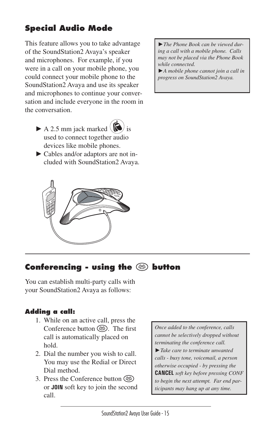 Special audio mode, Conferencing - using the button | Polycom 2490 User Manual | Page 15 / 36