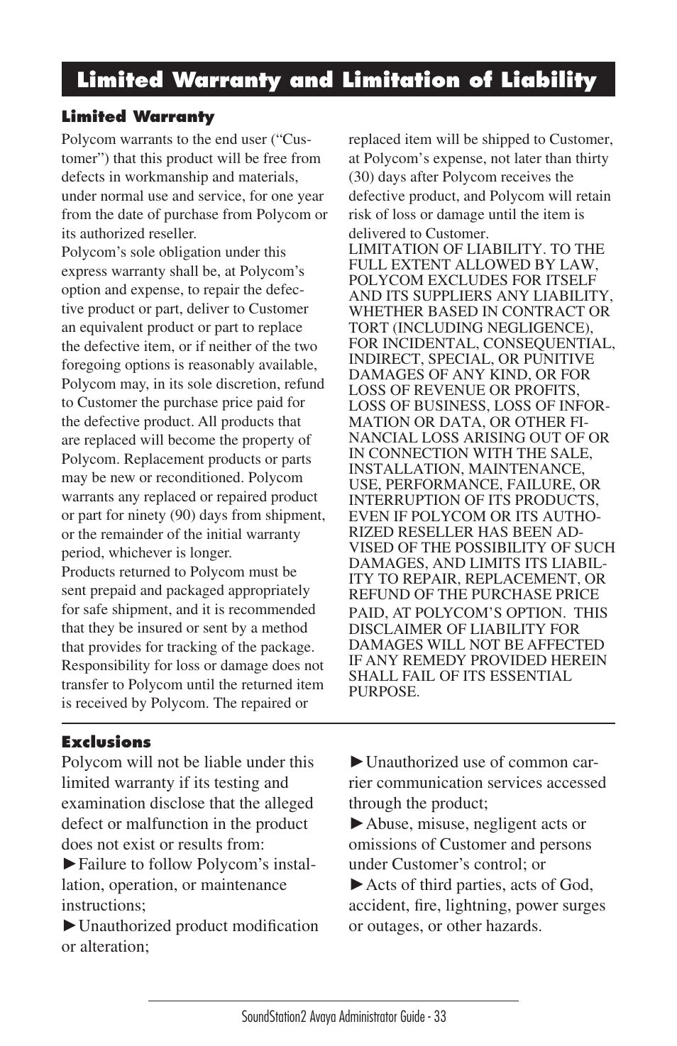 Limited warranty and limitation of liability | Polycom 2490 User Manual | Page 33 / 36