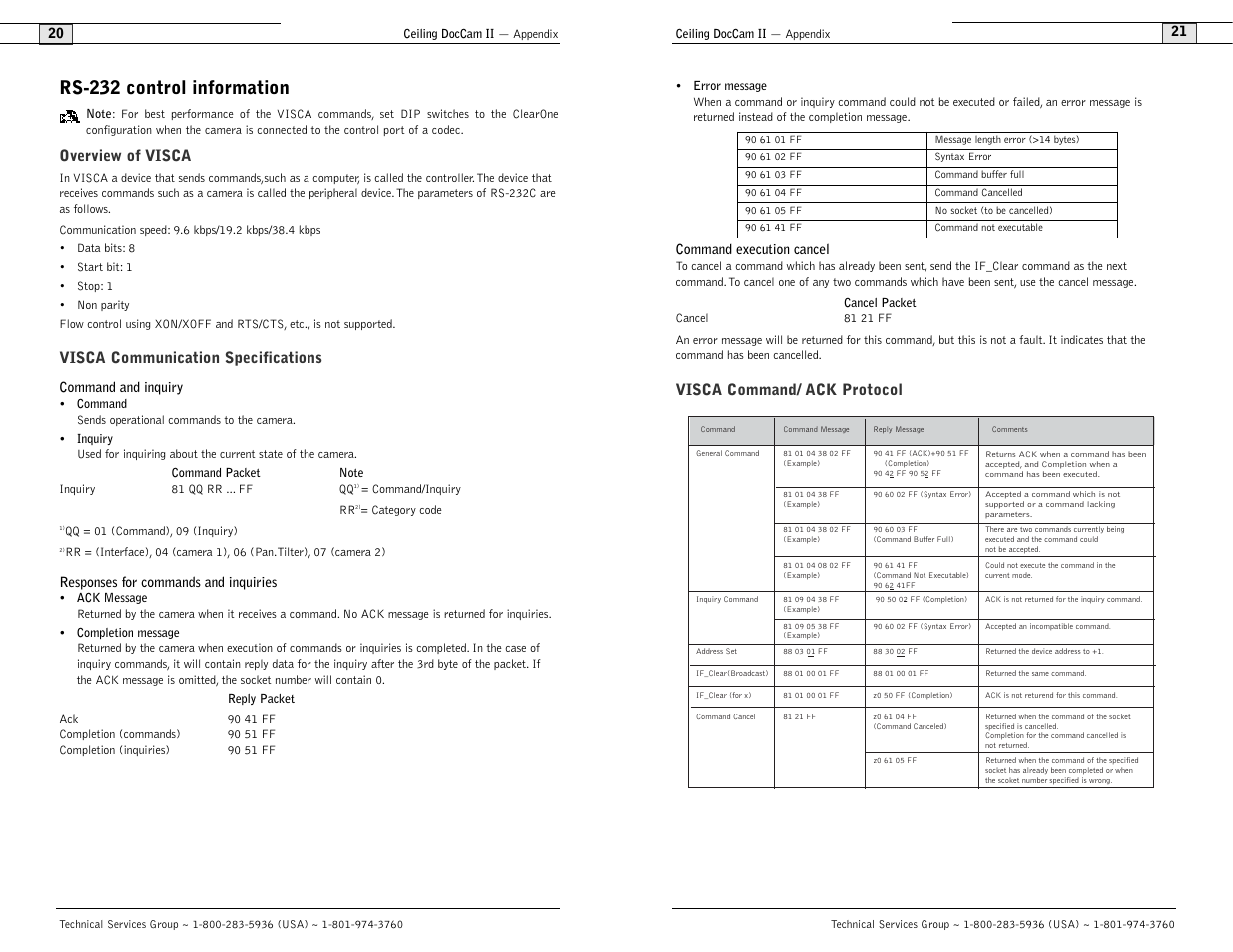 Rs-232 control information, Visca command/ ack protocol, Overview of visca | Visca communication specifications | Polycom Ceiling DocCam User Manual | Page 12 / 22