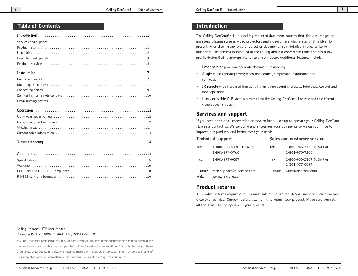 Services and support, Product returns, Table of contents introduction | Polycom Ceiling DocCam User Manual | Page 2 / 22