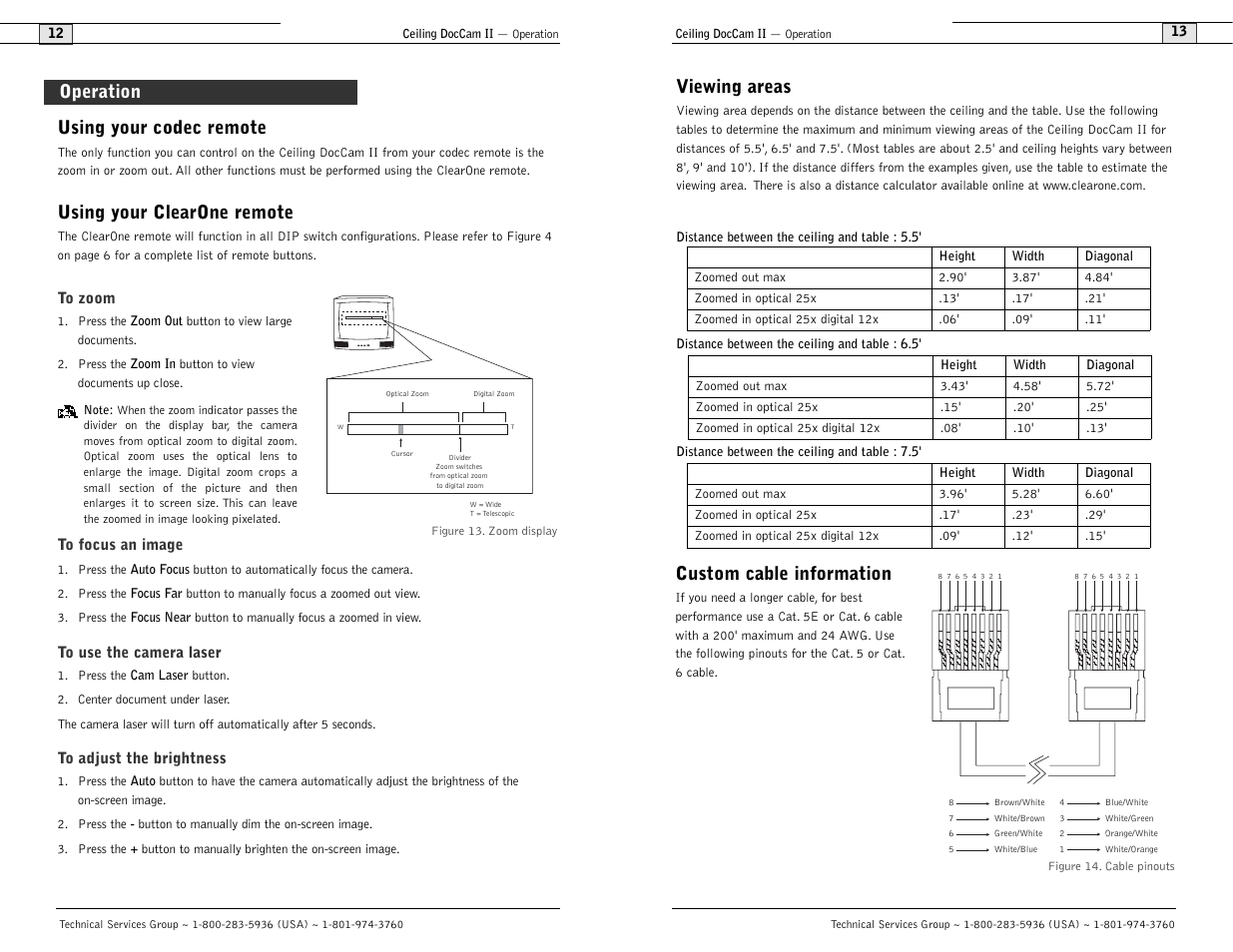 Custom cable information, Viewing areas, Using your codec remote | Using your clearone remote, Operation | Polycom Ceiling DocCam User Manual | Page 8 / 22