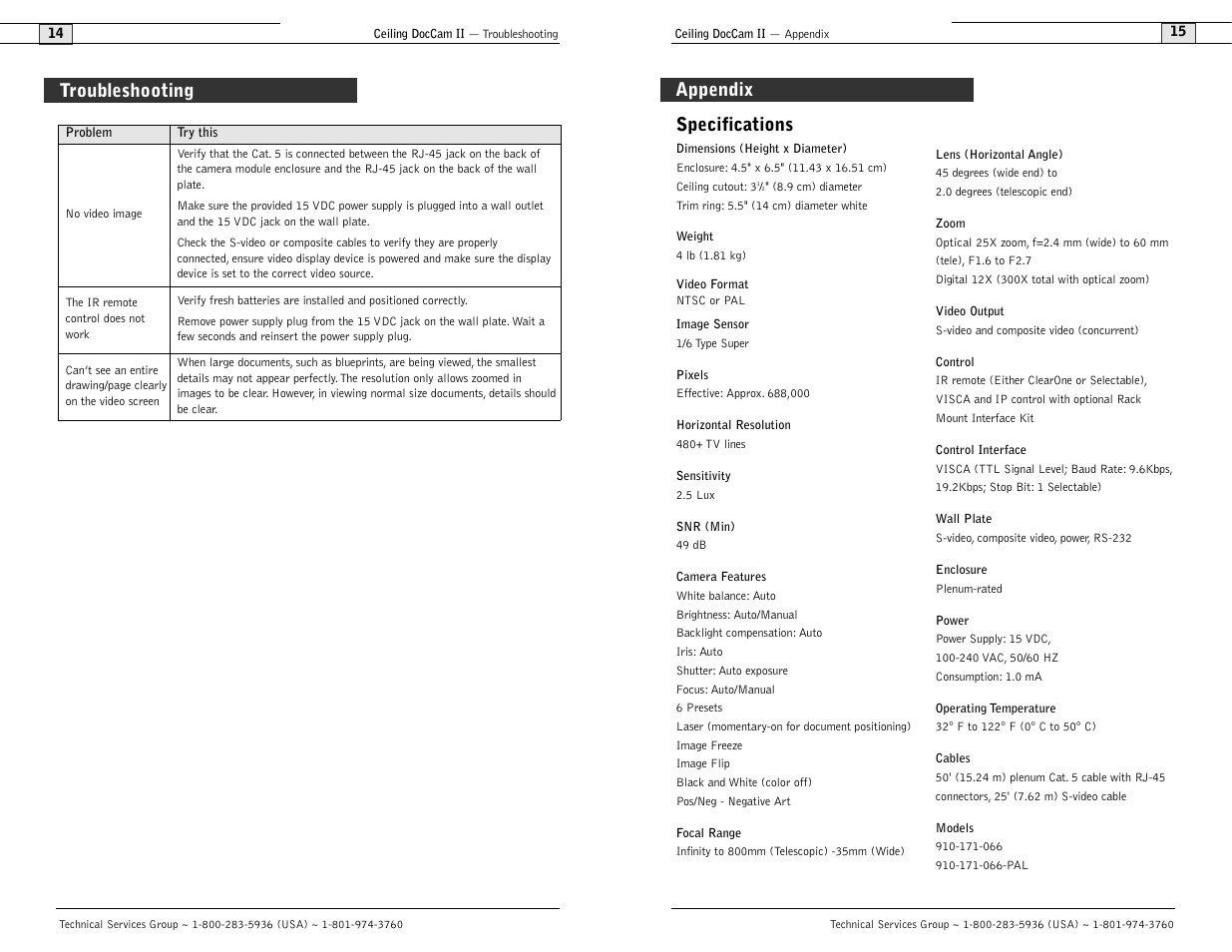 Specifications, Appendix, Troubleshooting | Polycom Ceiling DocCam User Manual | Page 9 / 22