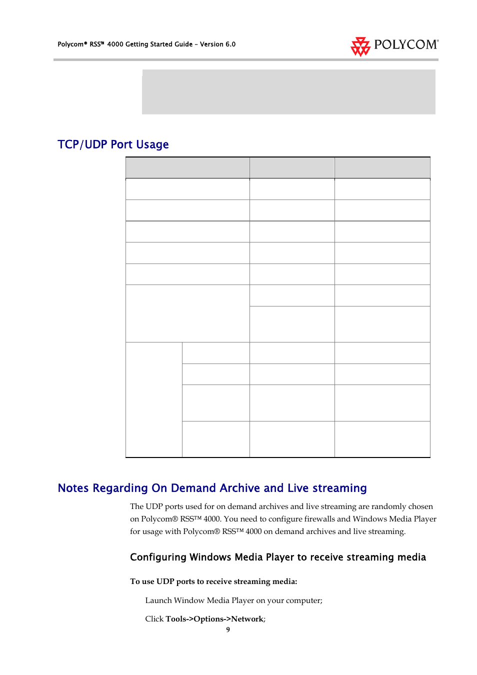 Tcp/udp port usage | Polycom RSS 4000 User Manual | Page 11 / 13