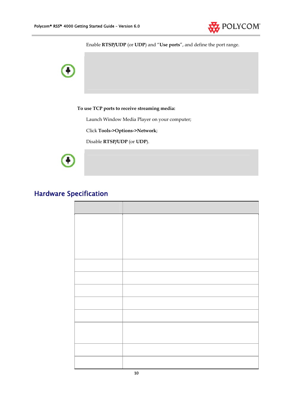 Hardware specification | Polycom RSS 4000 User Manual | Page 12 / 13